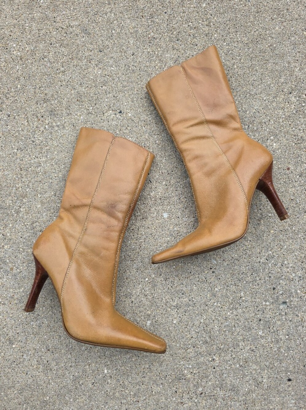 Vtg Camel Leather Mid Calf Wood Stiletto Boots Sz 6M 90s Indie Sleaze Point Toe
